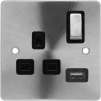 Click Define Flat Plate Brushed Steel Single Socket with USB