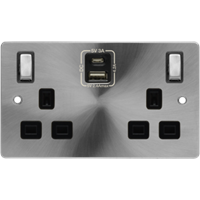 Click Define Flat Plate Brushed Steel USB C Double Socket